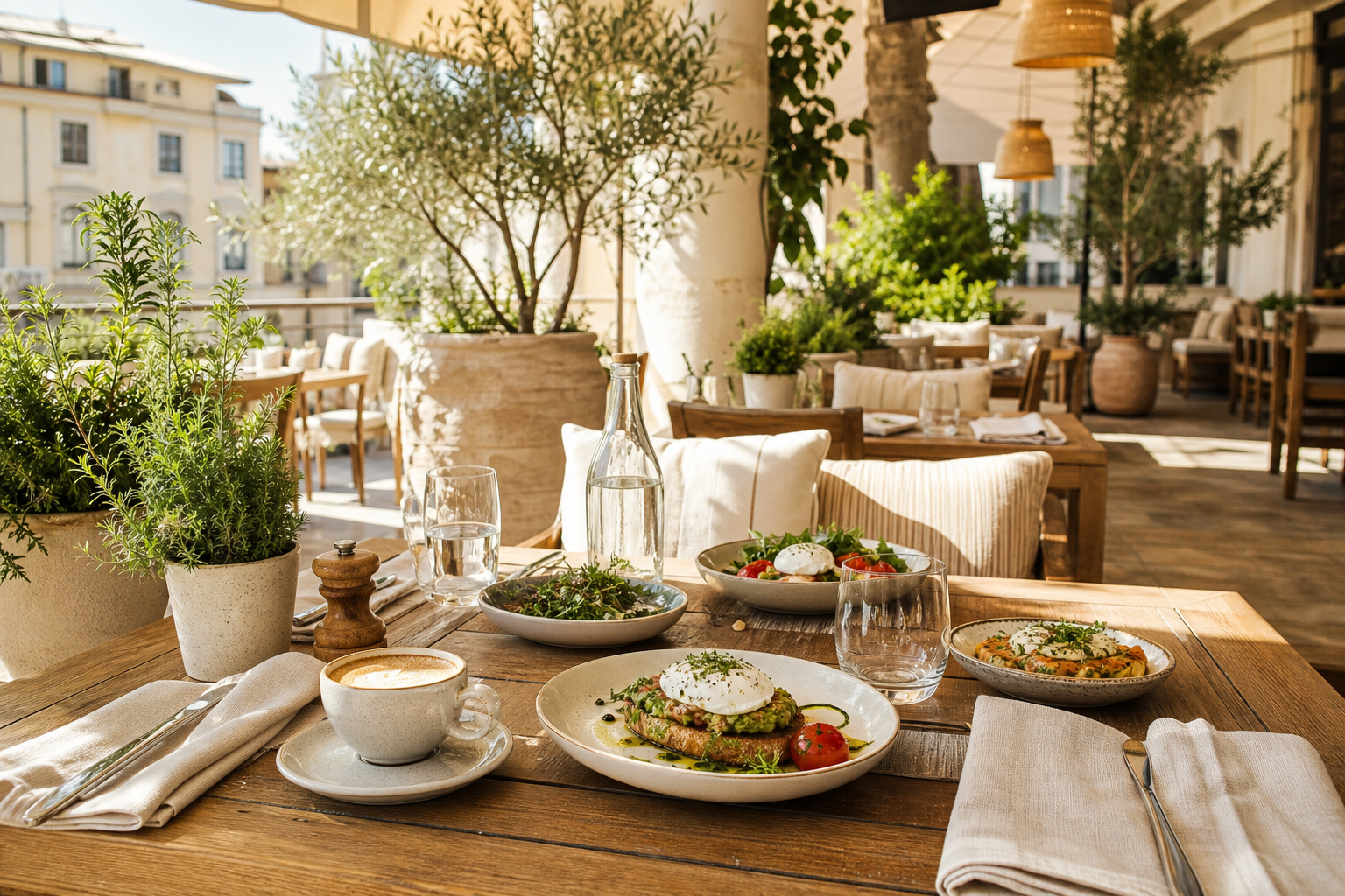 Helle Restaurantterrasse mit gedeckten Tischen